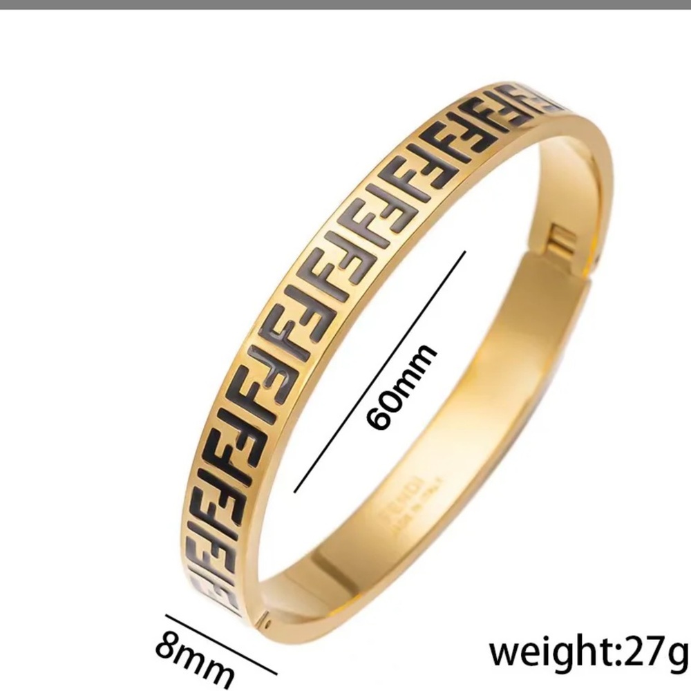 18k Gold Plated Titanium Steel Bracelet Double F Design Bangle White Letter New - Picture 7 of 7